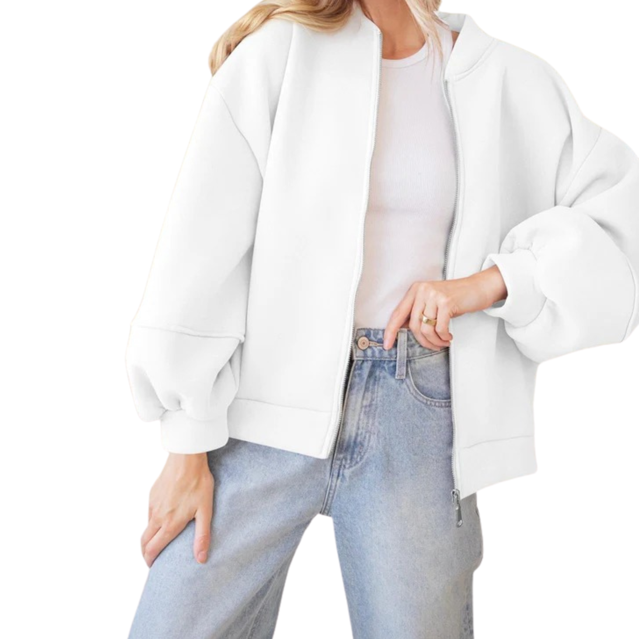 Fisoew Women's Zip-Up Bomber Jacket Oversized Lantern Sleeve Casual Sweatshirt