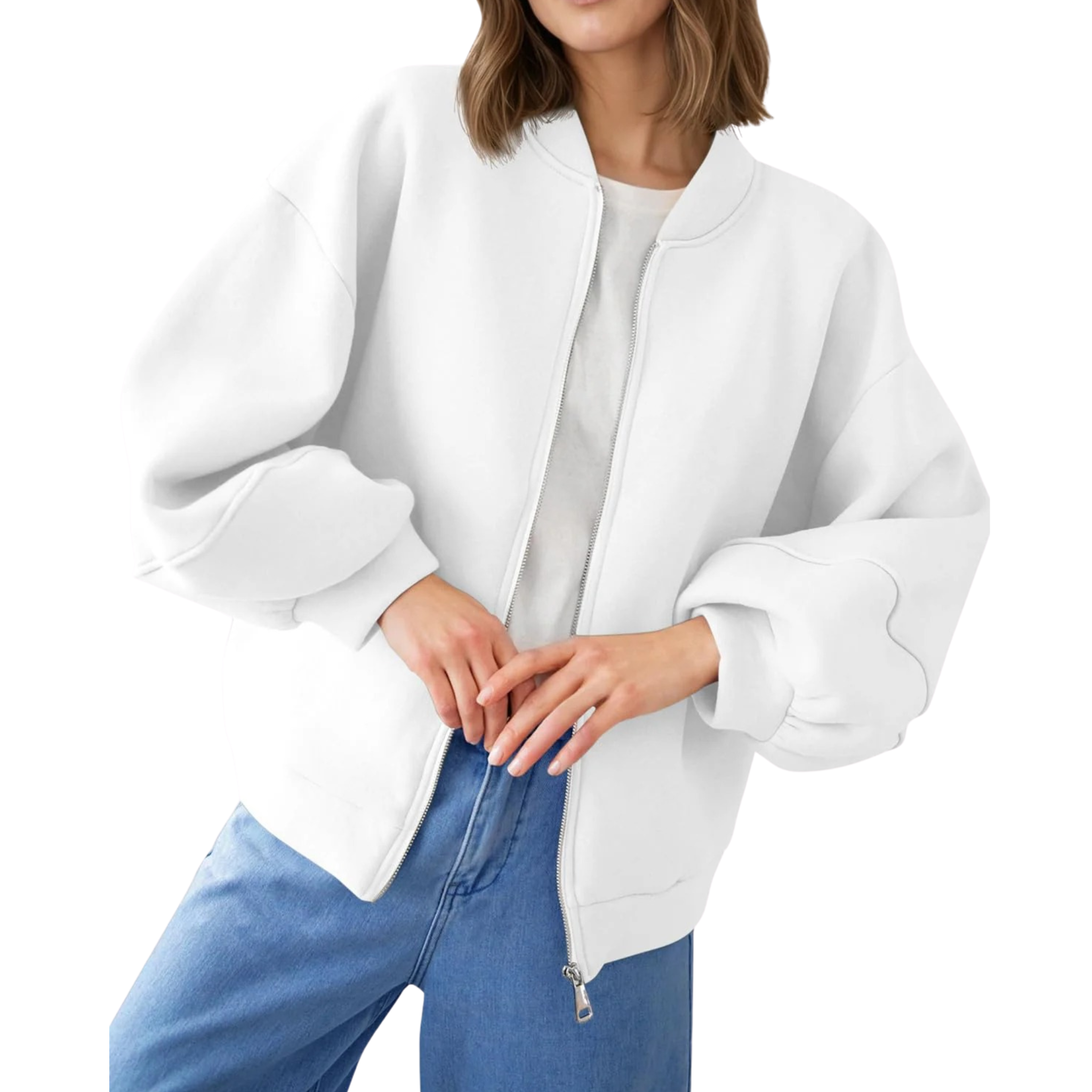 Fisoew Women's Zip-Up Bomber Jacket Oversized Lantern Sleeve Casual Sweatshirt